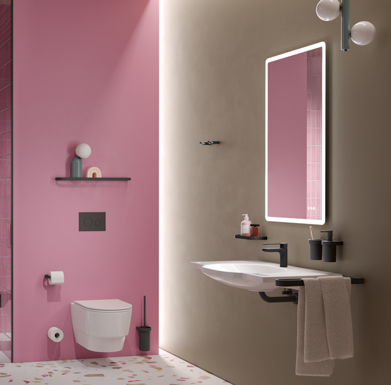 HEWI System 800 schwarzmatt Bad mit Waschplatz, Duschbereich und WC
