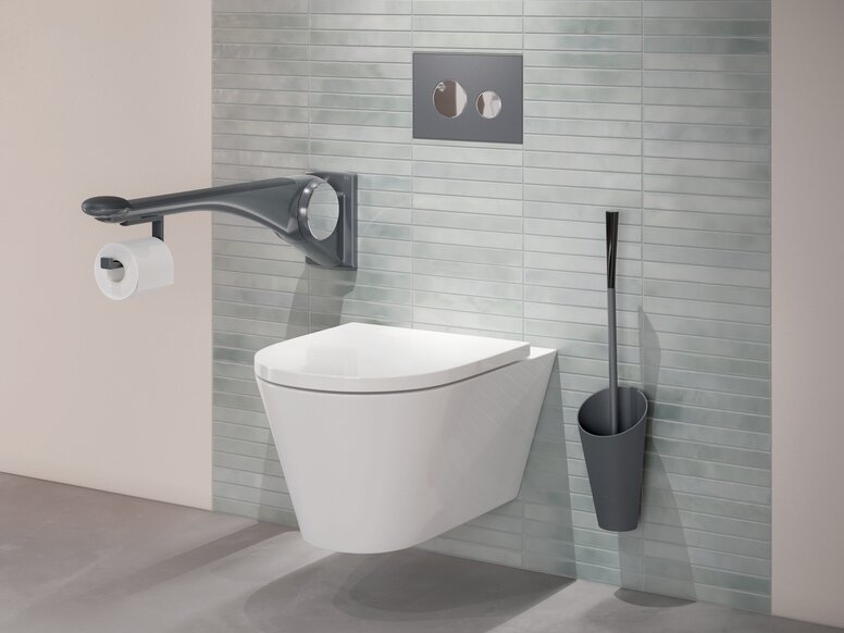 HEWI LifeSystem folding support handle anthracite matt WC equipped with folding support handle and toilet brush in the color anthracite matt