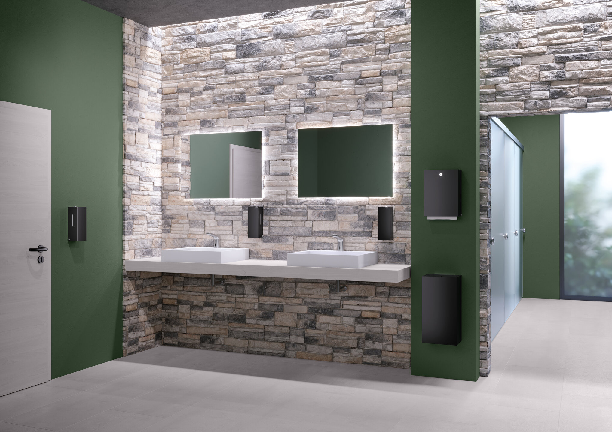 HEWI public WC black matt Public WC equipped with soap, disinfectant and paper towel dispensers in matt black