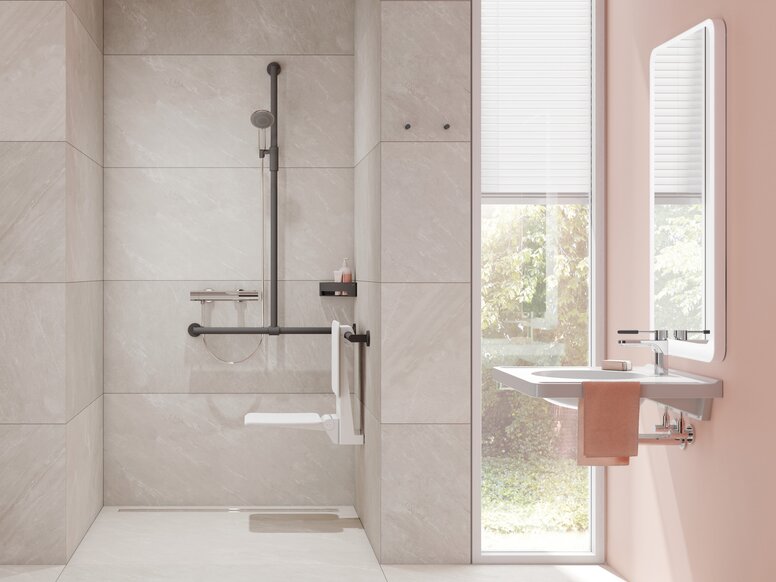 HEWI magnetic handheld shower head holder Shower area equipped with an infinitely adjustable magnetic shower holder
